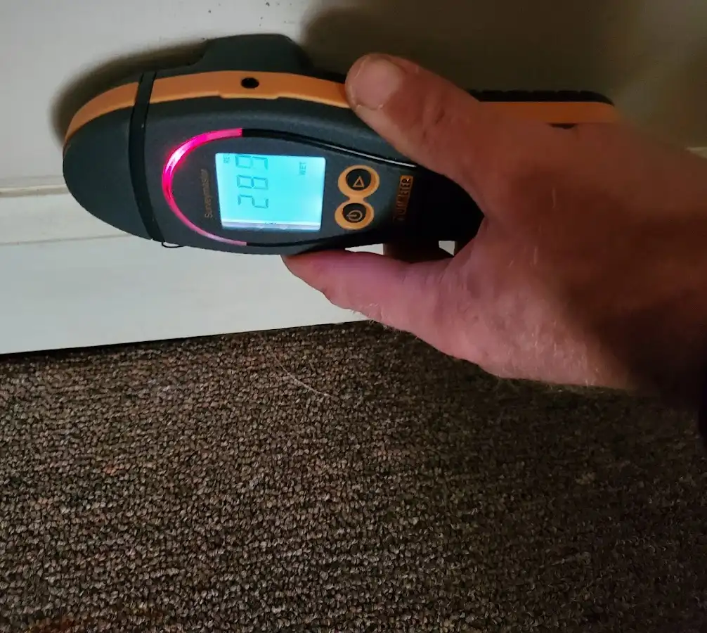 Moisture detection at baseboard during Storm Damage Restoration in Mineola